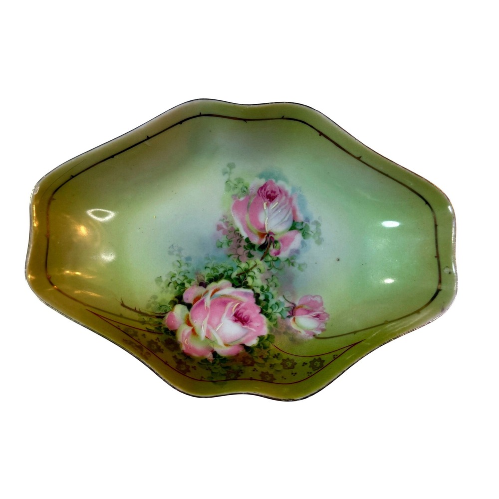 Royal Rudolstadt RS Germany Trinket Dish Set Small‎ Green Pink Yellow Good Roses